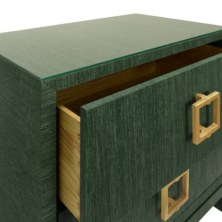 Edmond Forest Green Grasscloth Nightstand with open drawer