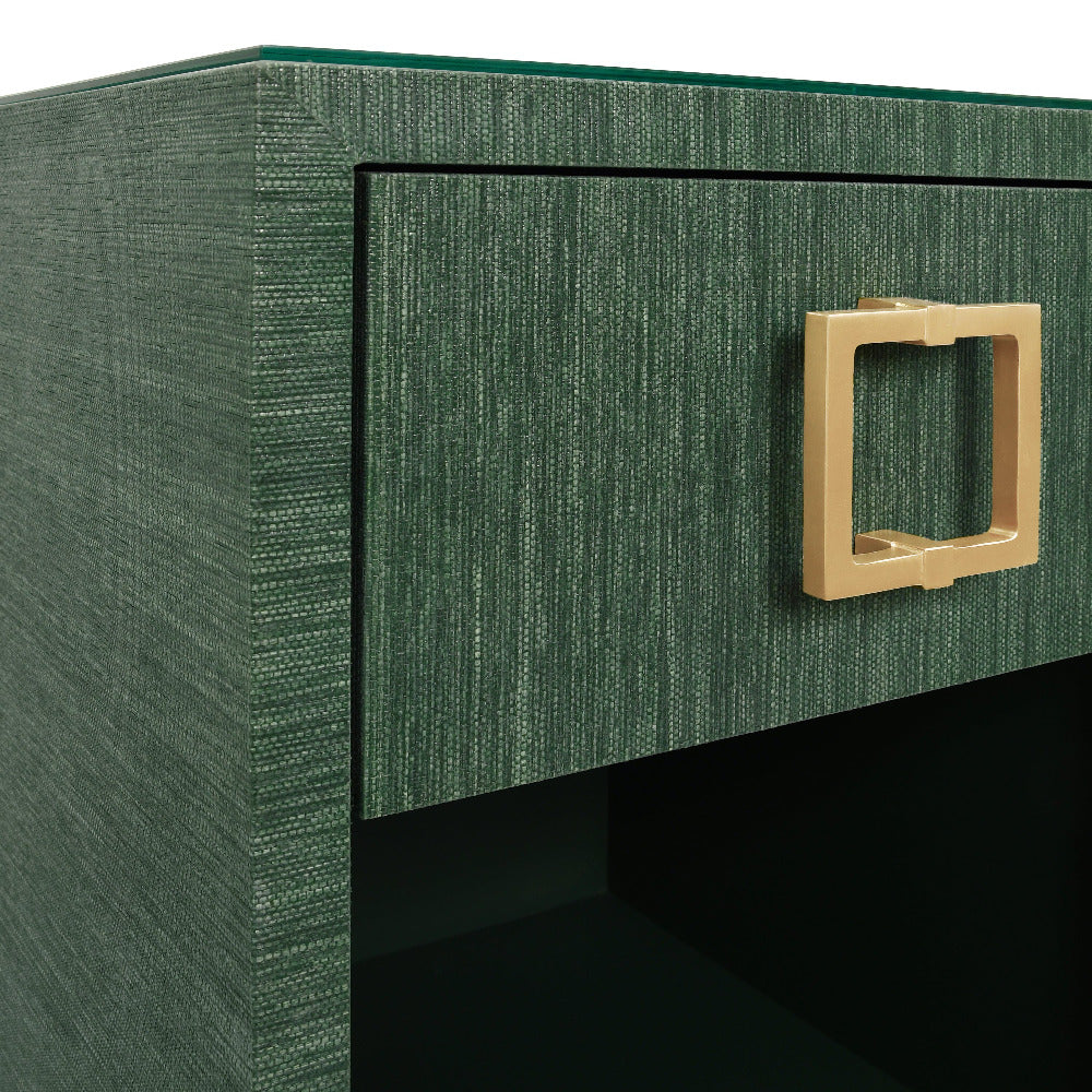 Edmond Forest Green Grasscloth Side Table - gold hardware