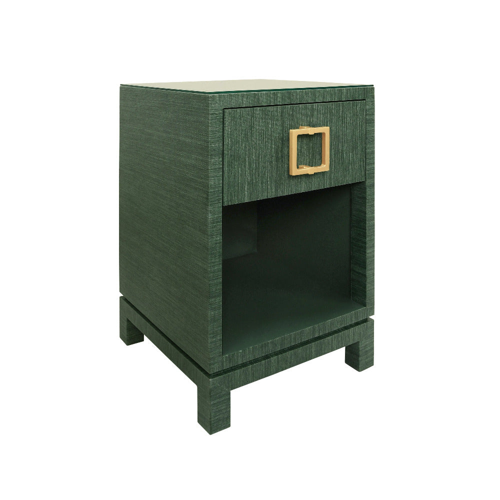 Edmond Forest Green Grasscloth Side Table with one drawer