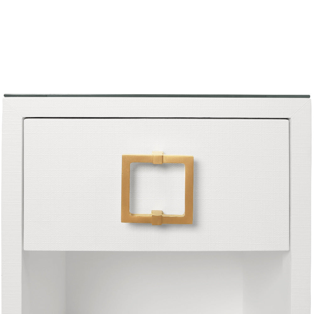 Edmond White Lacquered Linen Side Table - Gold square hardware