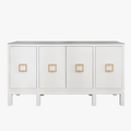 White sideboard with gold square handles on a white background