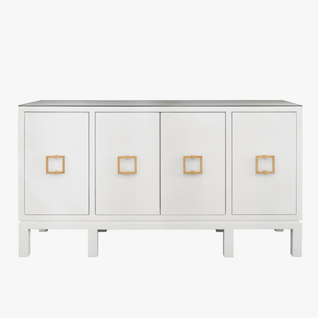 White sideboard with gold square handles on a white background