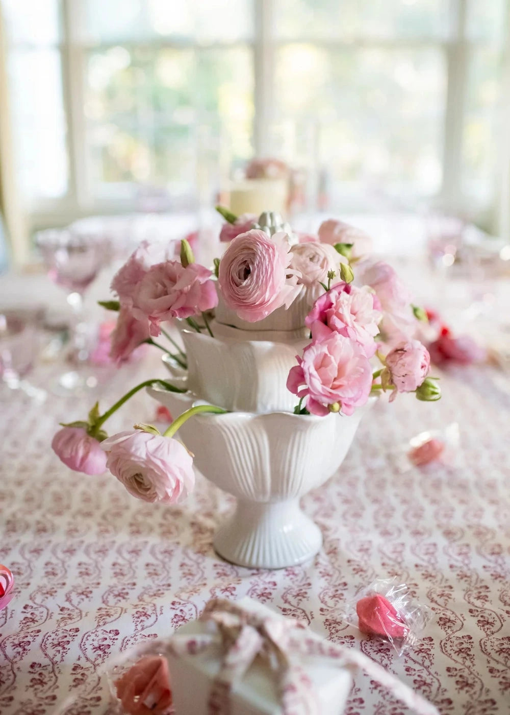 White Tulipiere styled with pink blooms - Elizabeth Cook