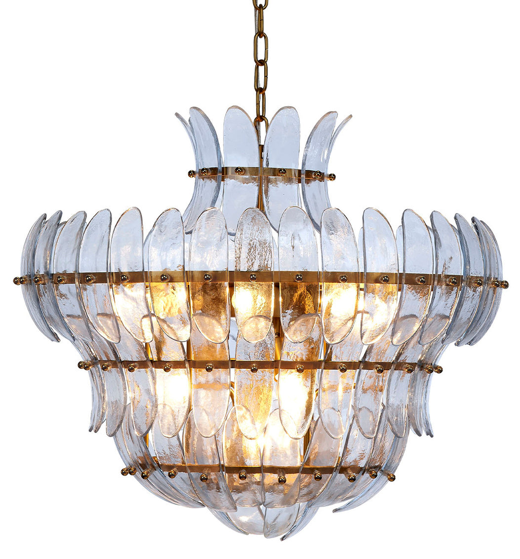 Eloise Blue Glass Chandelier illuminated
