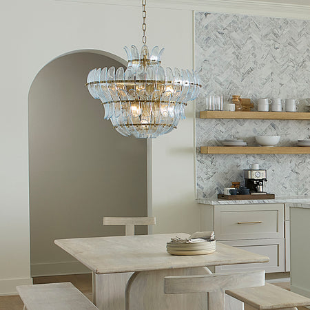 Eloise Blue Glass Chandelier styled in kitchen