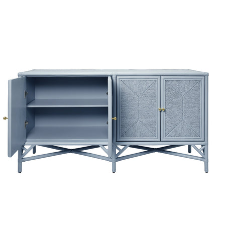 Essa Light Blue Painted Rattan Sideboard - doors open