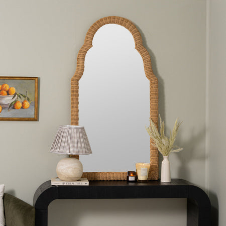 Ezra Arched Rattan Mirror styled with console table