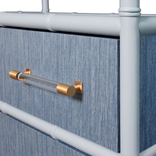 Blakewell Blue Etagere closeup - grasscloth drawer front with acrylic hardware