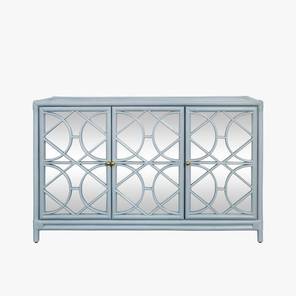 A light blue cabinet with three panel doors featuring circular lattice pattern and brass knobs