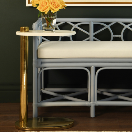 Fernandina Light Blue Rattan Bench styled with gold drinks table