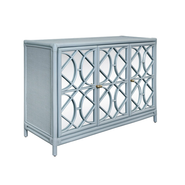 Three-panel lattice-front sideboard in light blue with brass knobs