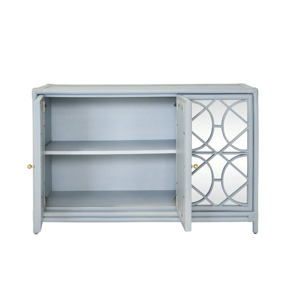 Open-front view of light blue cabinet showing interior shelves and lattice door on right