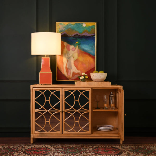 Fernandina Rattan Cabinet styled in moody room