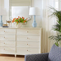 Flavie Double Dresser styled in white bedroom with blue lamps