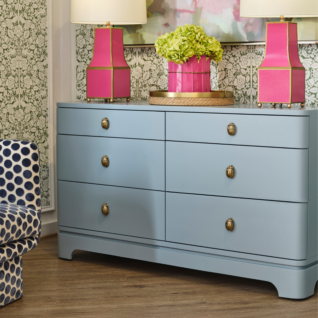 Fleur Light Blue Dresser styled with hot pink lamps