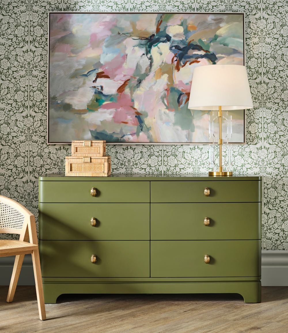 Fleur Olive Dresser styled in wallpapered bedroom