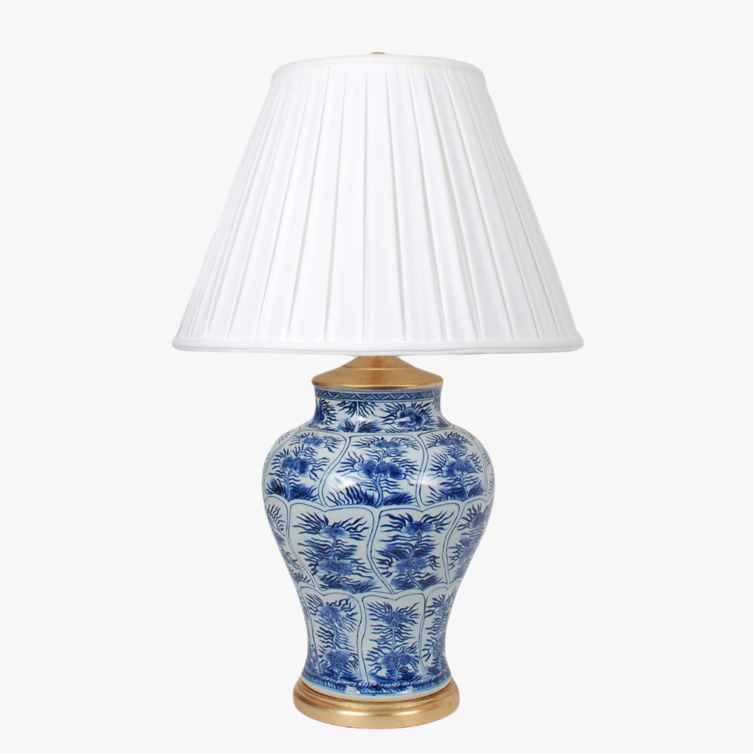 Floral Urn Porcelain Lamp - white pleated English shade