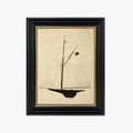 Framed artwork of a sailboat on beige paper with a black frame.