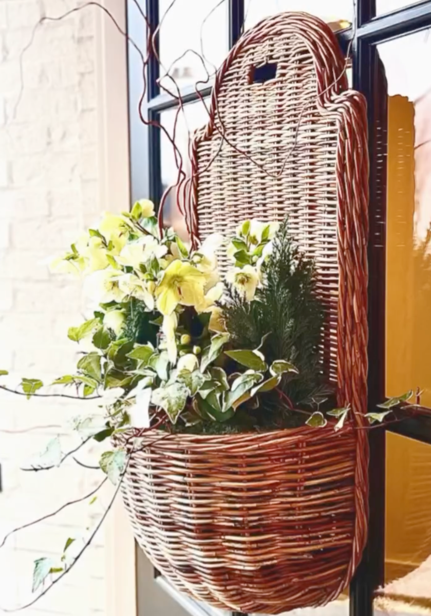 French Country Hanging Wall Basket with flowers