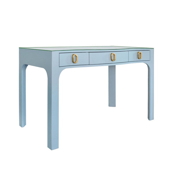 Castella Light Blue Lacquered Linen Desk with brass pulls