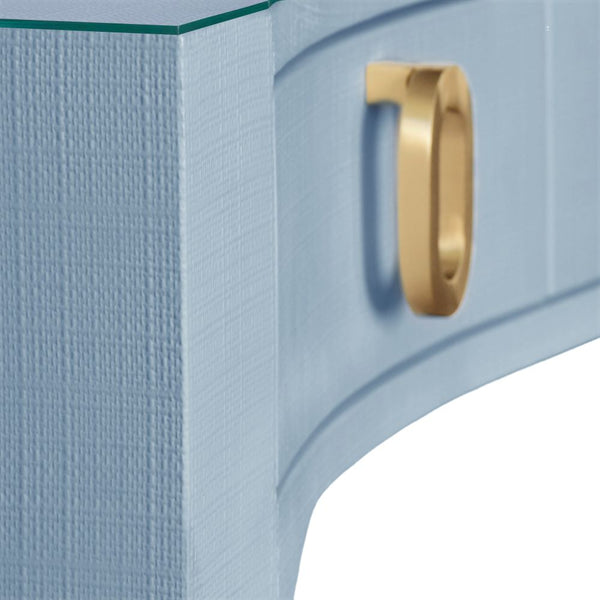 Castella Light Blue Lacquered Linen Desk closeup