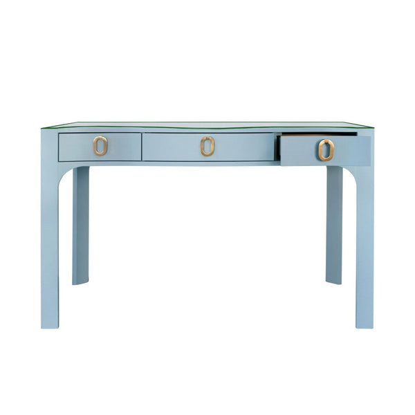 Castella Light Blue Lacquered Linen Desk with open drawer