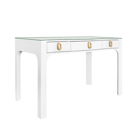 Castella White Lacquered Linen Desk with glass top
