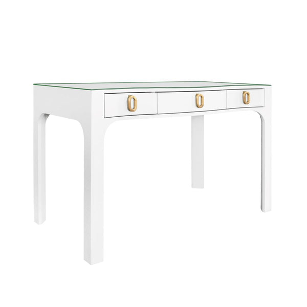 Castella White Lacquered Linen Desk with glass top