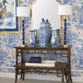 George Console Table - Walnut Bamboo - styled in blue wallpaper room