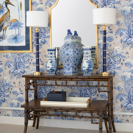 George Console Table - Walnut Bamboo - styled in blue wallpaper room