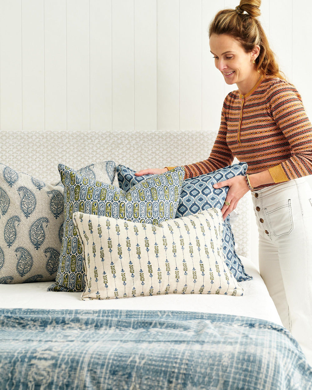 Carezza Moss Azure Pillow Cover Styled on Bed