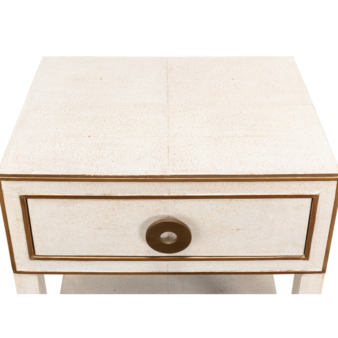 Gideon Ivory Shagreen Bedside Table - brass round hardware