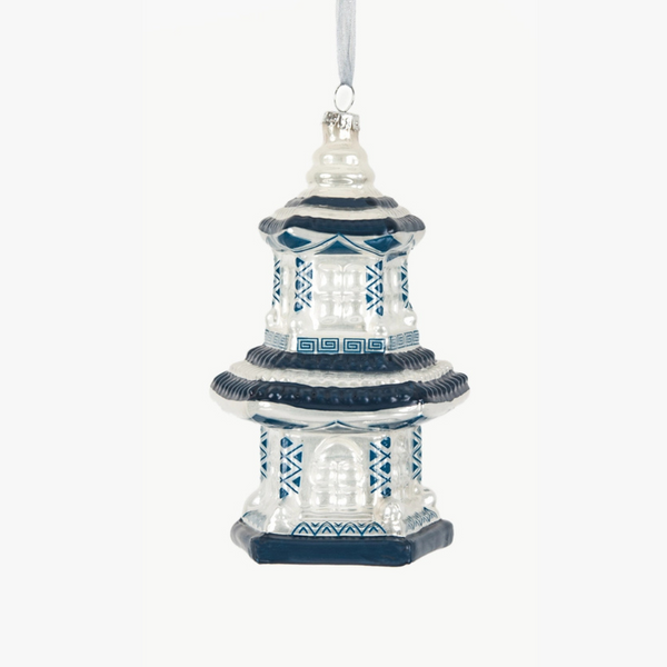 Glass Pagoda Ornament - Blue and White