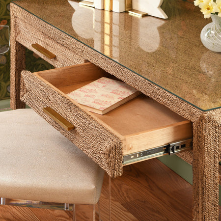 Glass Top Bayview Woven Rope Desk with open drawer