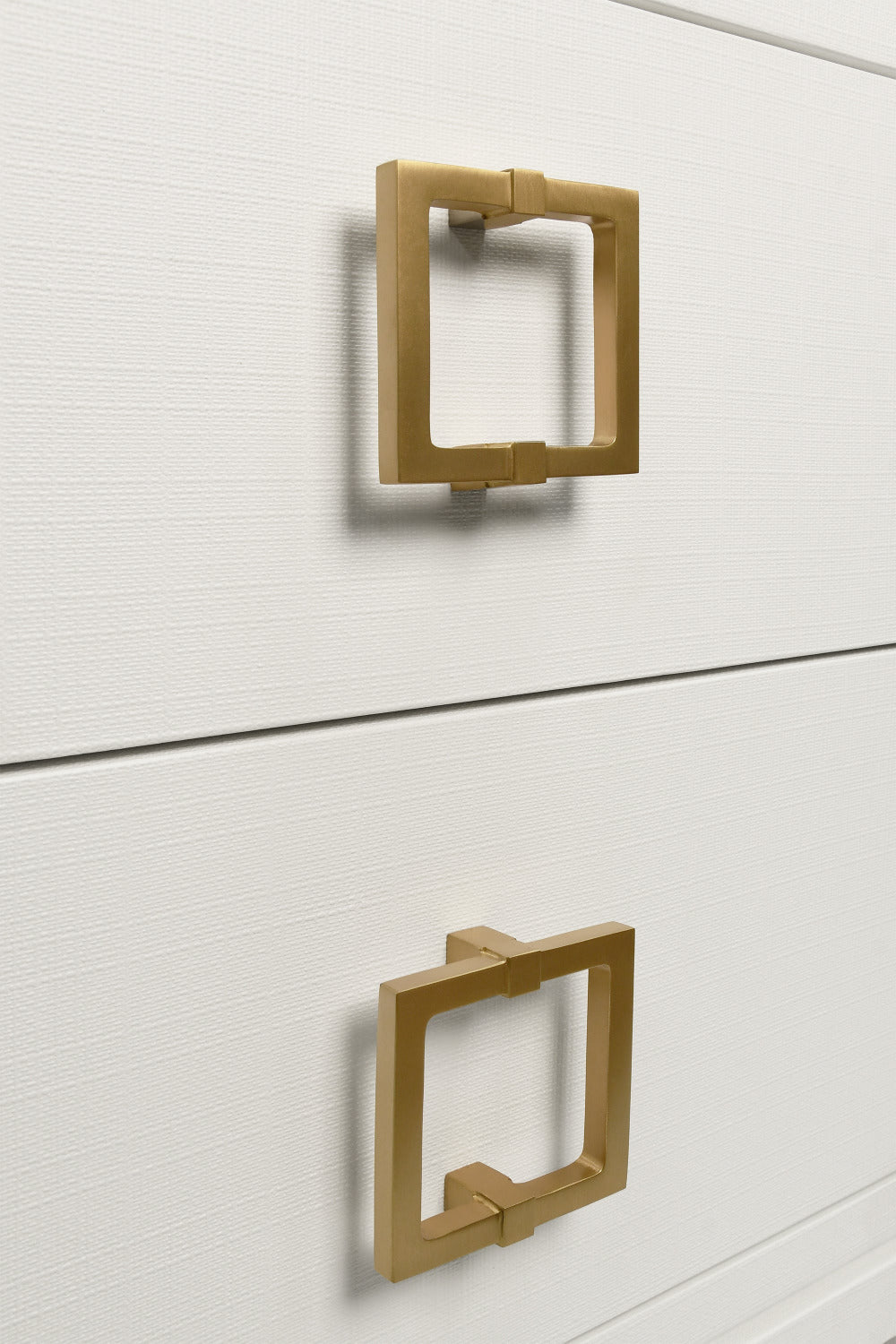 Gold Square Drawer Pulls on white linen nightstand