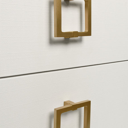 Gold Square Drawer Pulls on white linen nightstand