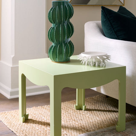 Gracie Spring Green Tea Table styled with green lamp