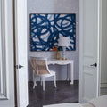 Gracie White Lacquer Desk styled in blue bedroom