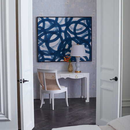 Gracie White Lacquer Desk styled in blue bedroom