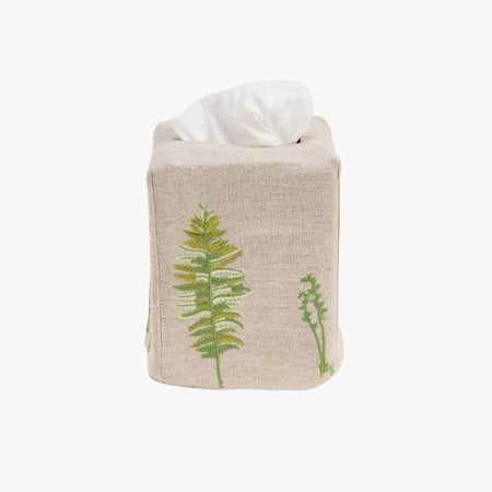 Green Ferns Embroidered Tissue Box Cover - flax linen