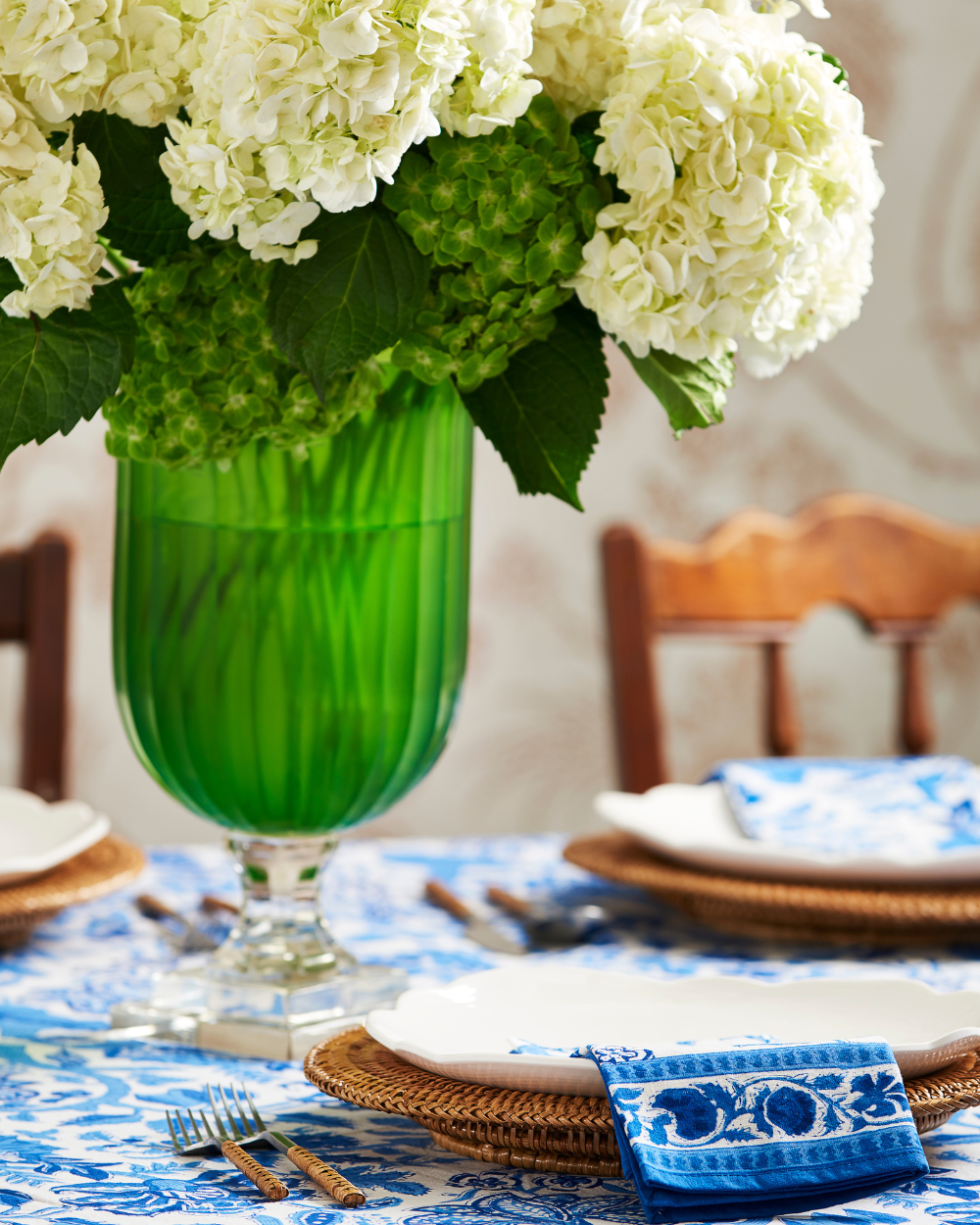 Green Glass Hurricane with hydrangeas - Dear Keaton