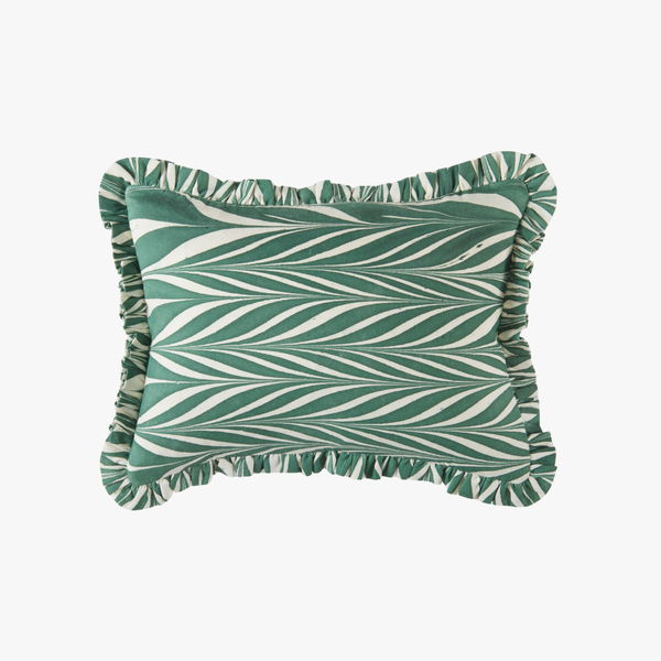 Green Marbleized Chevron Lumbar Pillow Cover with ruffle edge
