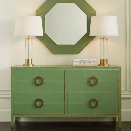 Gideon Verde Shagreen Dresser with shagreen mirror and glass lamps
