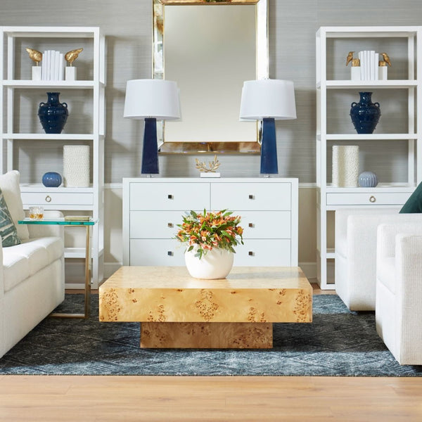 Northrop Burl Coffee table styled in living room with white furniture