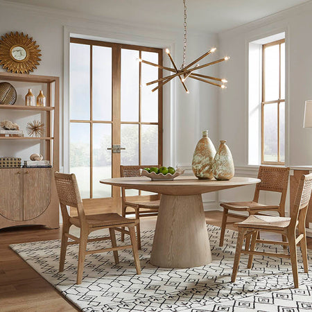 Hamish Cerused Oak Dining Table Styled with Pixie Brass Chandelier