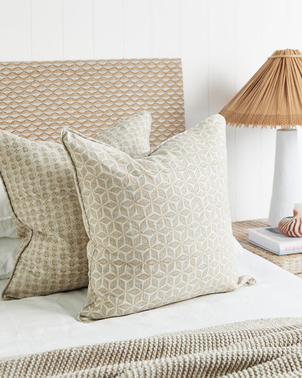 Hanami Elm Pillow Cover on Bed With Shijo Elm Pillow