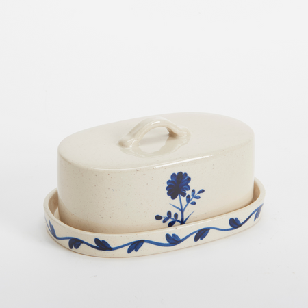 Handpainted Stoneware Blue Flower Butter Dish