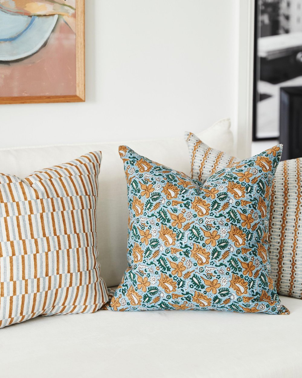 Hanko Sahara Pillow Cover on Sofa with Maluku Byzantine Floral