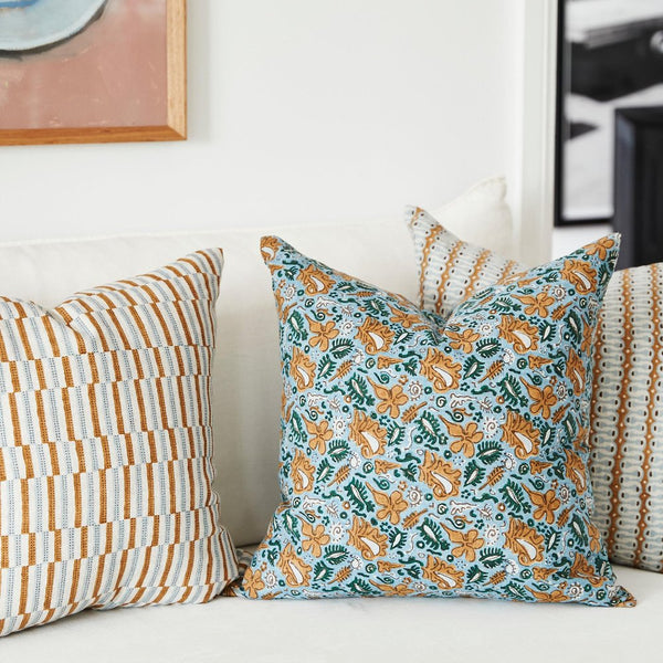 Hanko Sahara Pillow Cover on Sofa with Maluku Byzantine Floral