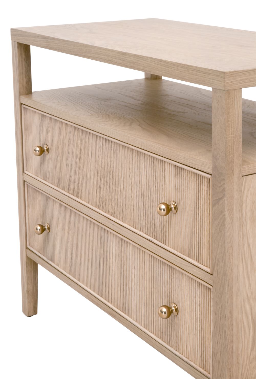 Hayward Open Shelf Oak Nightstand - fluted front panels and brass round hardware